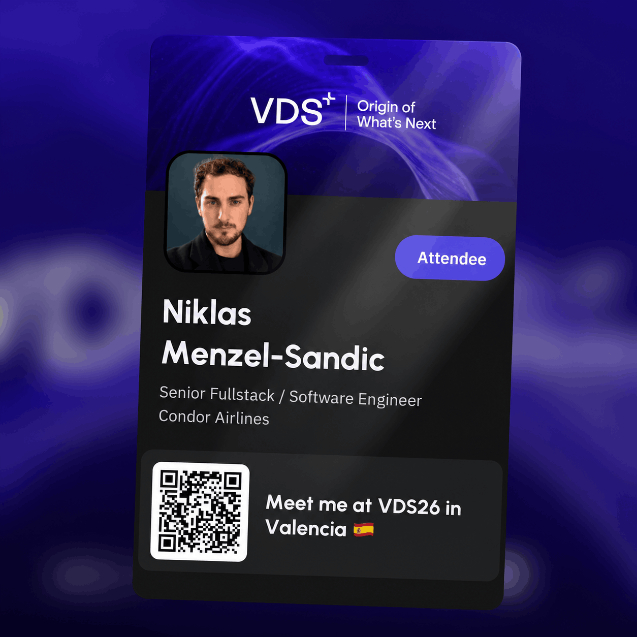 My VDS 2026 attendee badge: Niklas Menzel-Sandic, Senior Fullstack / Software Engineer at Condor Airlines, with a QR code and the line “Meet me at VDS26 in Valencia”.