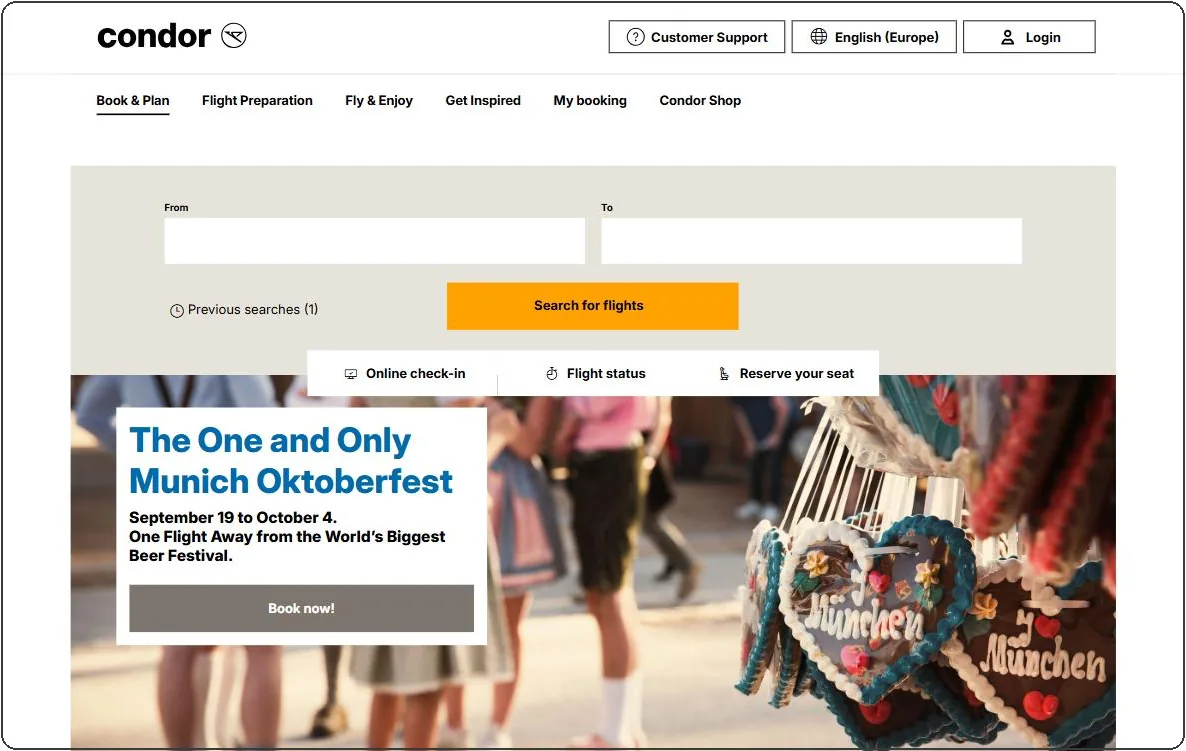 Condor's homepage with the flight search widget above the fold.