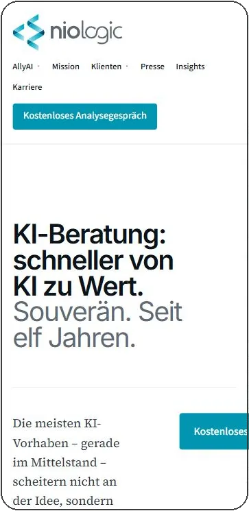 niologic's mobile site, headed "KI-Beratung: schneller von KI zu Wert".