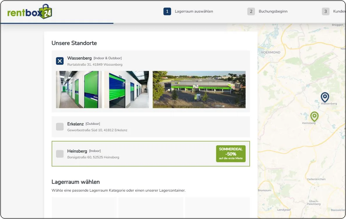 The Rentbox24 booking platform: step one of the funnel, picking a storage location.